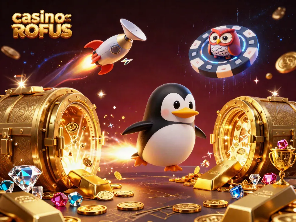 Engage with casino sider uden ROFUS through a vibrant 3D illustration of a rocket-powered golden penguin exploring a cosmic casino.