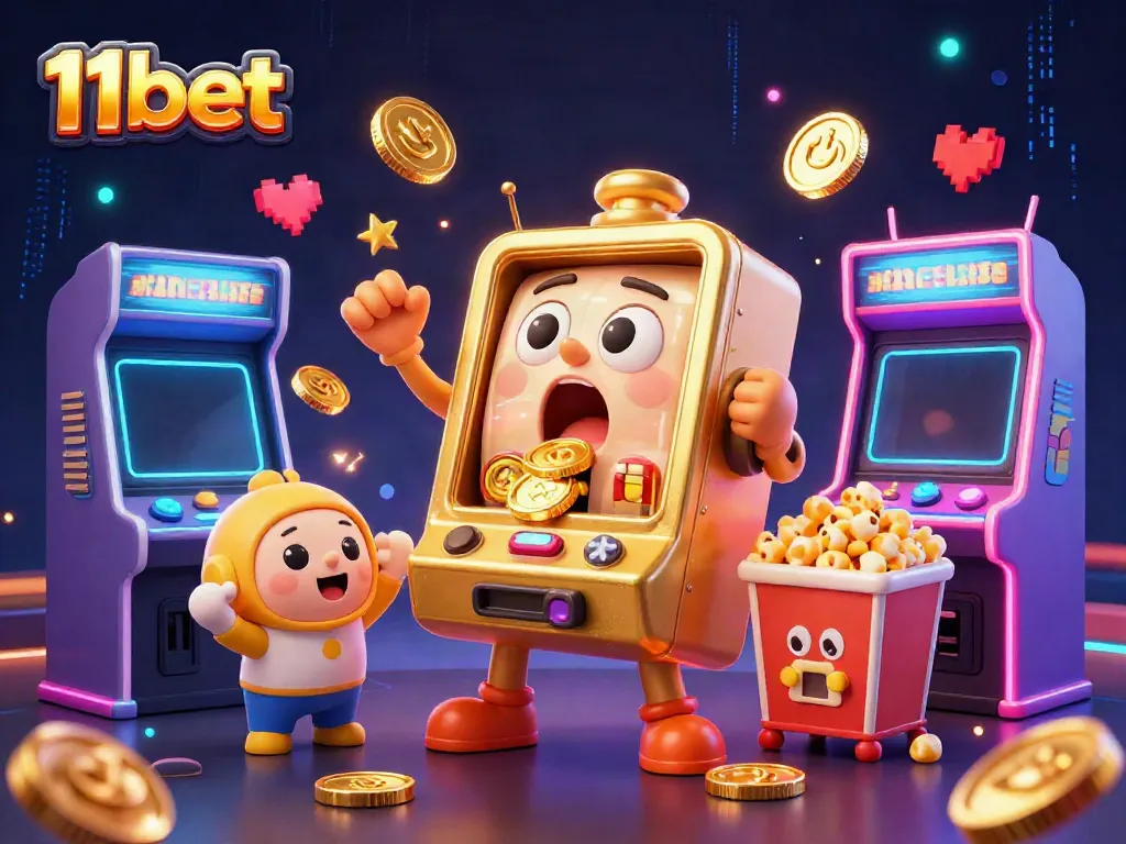 Experience the excitement of 11bet with a lively scene featuring a golden slot machine celebrating a jackpot amidst vibrant gaming elements.