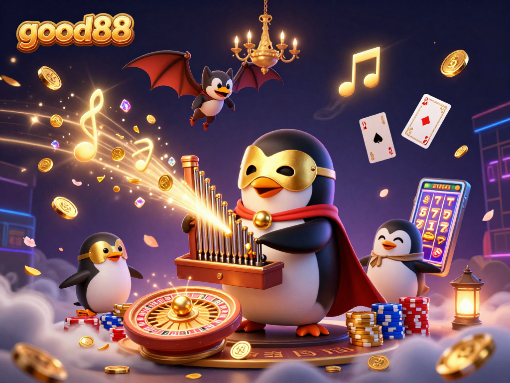 Experience thrilling gameplay at good88 with vibrant scenes of a cartoon penguin and exciting casino elements.