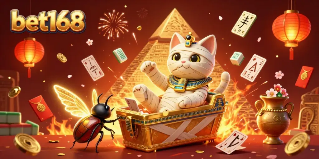 Join the adventure with bet168 in a vibrant 3D casino scene featuring an Egyptian mummy cat and scarab beetle.