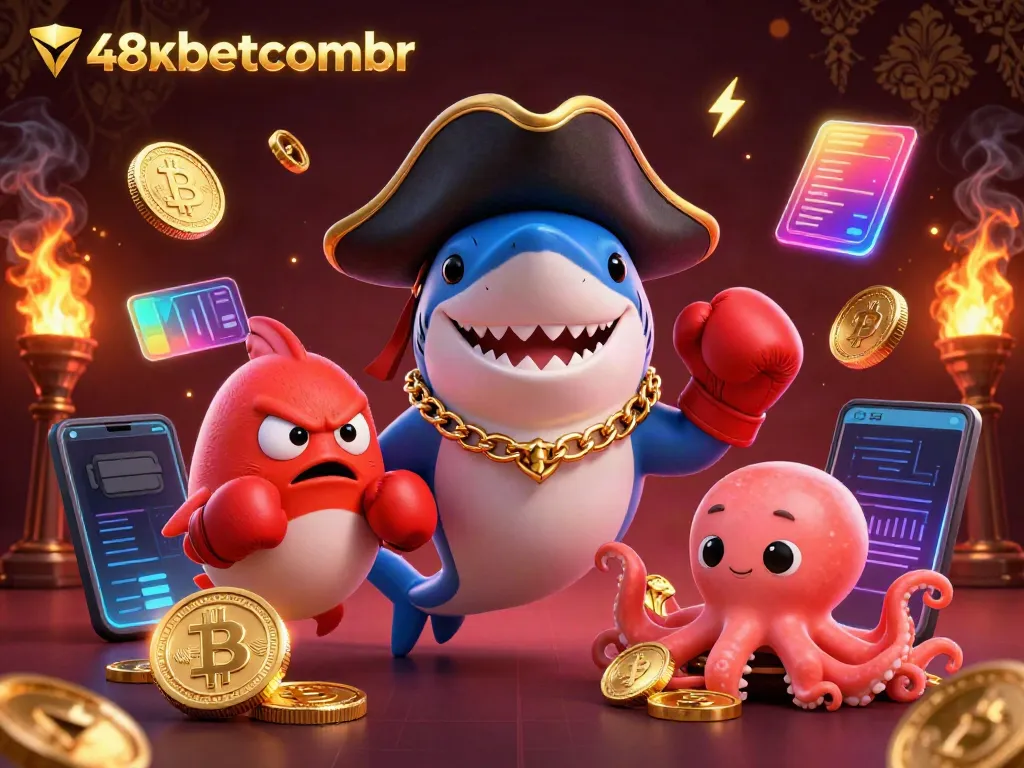 Experience thrilling betting with 48xbetcombr in a vibrant 3D scene featuring playful characters and crypto elements.