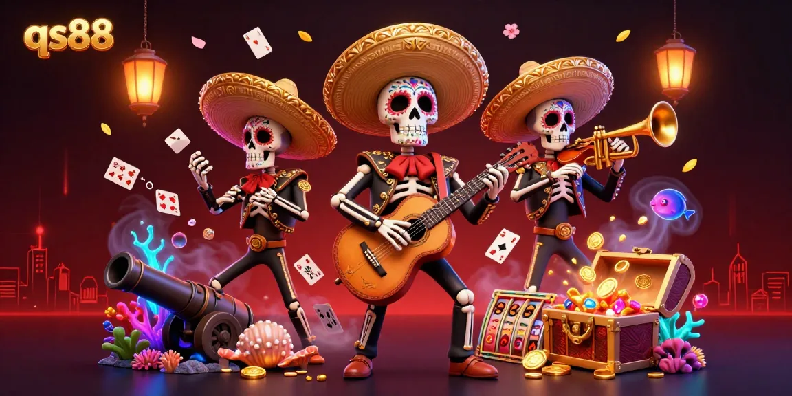 Experience the thrilling action of qs88 with vibrant skeleton mariachi musicians and exciting casino treasures.