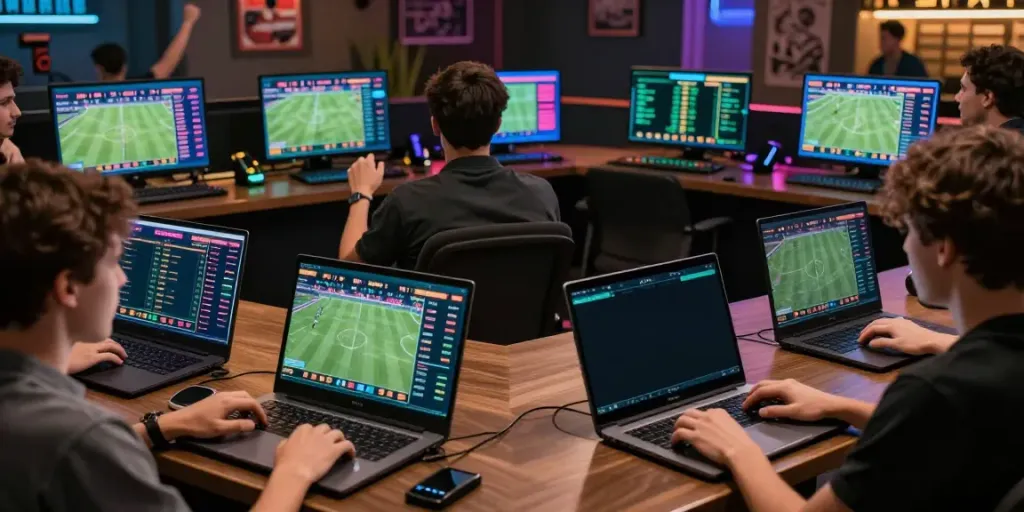 Online sports betting at https://fabet.com.mx/ with diverse bettors engaging live matches and colorful statistics.