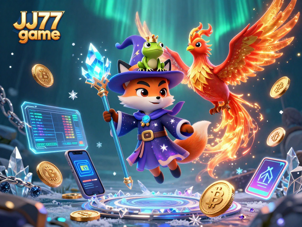 Experience the JJ77 game with an enchanting illustration of a wizard fox and phoenix in a vibrant casino atmosphere.