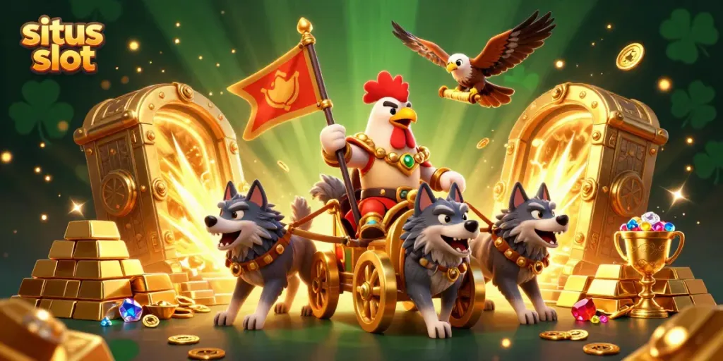 Experience thrilling gameplay with situs slot in a vibrant 3D casino illustration showcasing epic characters and treasures.