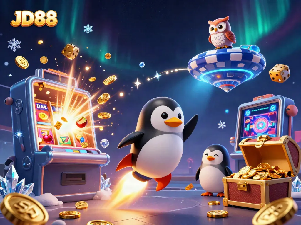 Experience the excitement of JD88 with a penguin rocket soaring towards a casino space station