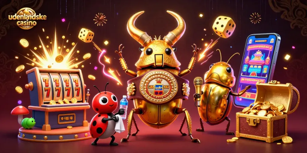 Experience the thrill of udenlandske casino with golden beetles in a vibrant gaming scene.