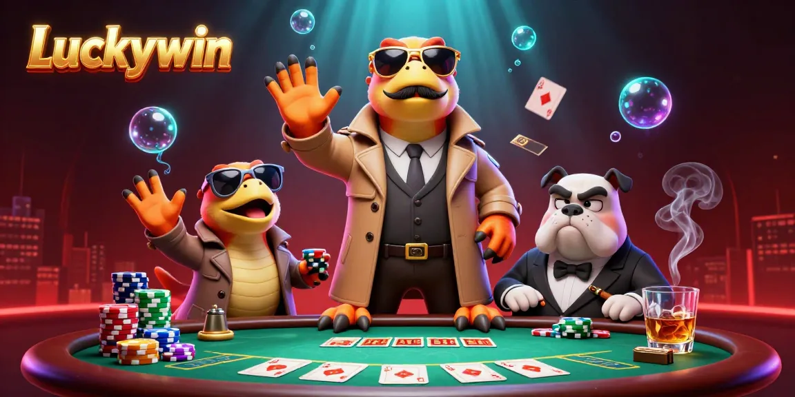 Luckywin showcases a humorous scene with cartoon raptors trying to enter a VIP lounge in a colorful casino.