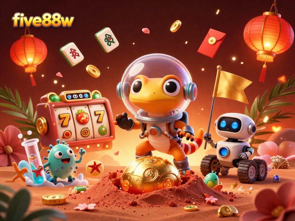 Play exciting games at five88w with a vibrant 3D casino scene featuring a Martian gecko and rich elements.