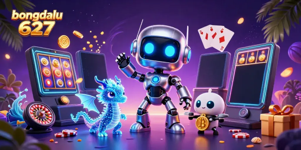Bongdalu 627 scene showcasing a cyberpunk robot and AI dragon amidst exciting sports betting elements and vibrant graphics.