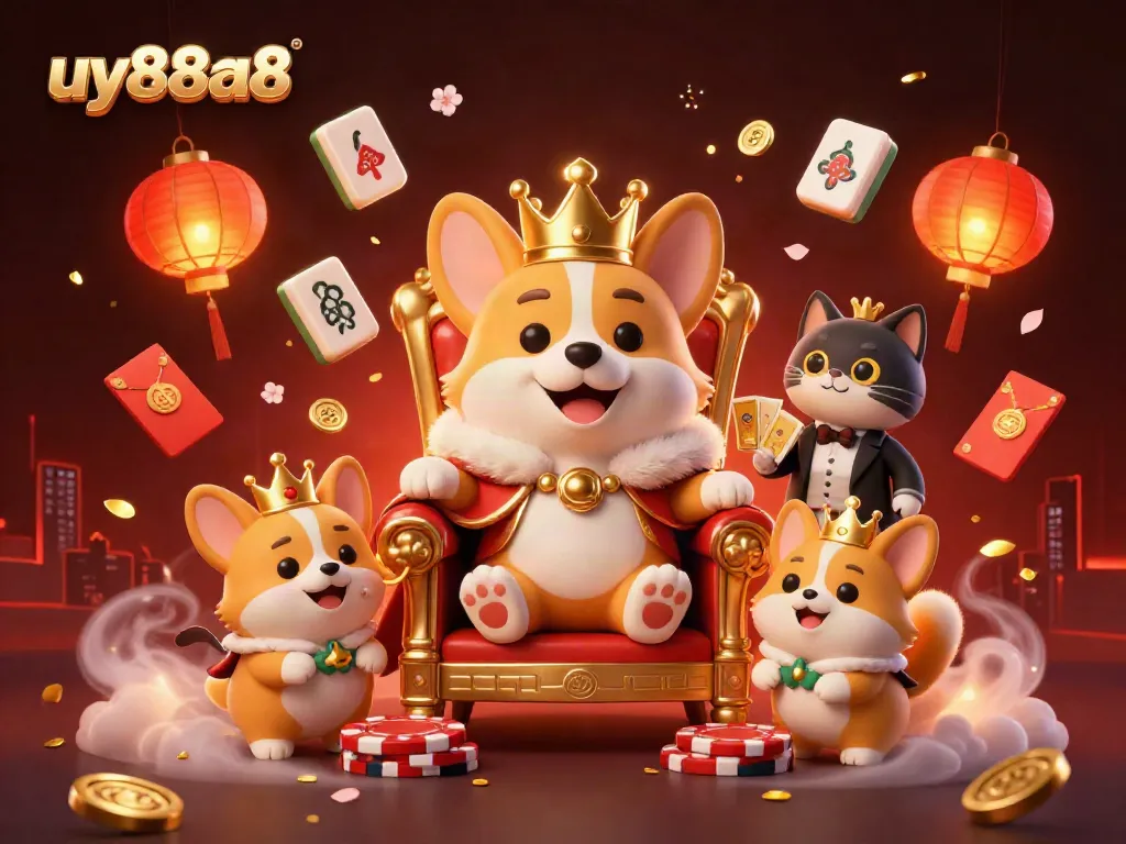 Join the excitement at uy88a8 with a royal corgi and gaming elements bringing the casino to life.