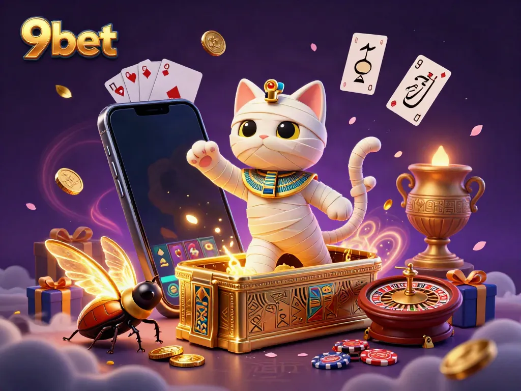Play exciting games at 9bet, where a charming Egyptian mummy cat interacts with golden casino elements.