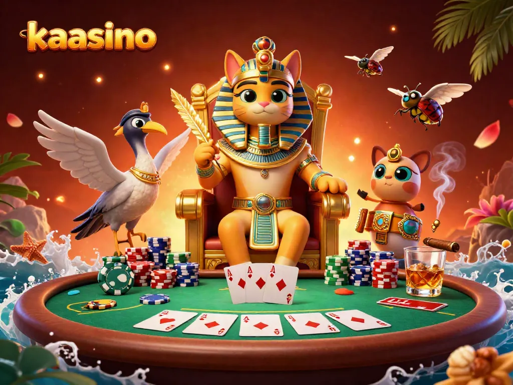 The 3D cartoon Egyptian pharaoh cat runs a lively kaasino game scene with poker elements and vibrant decor.