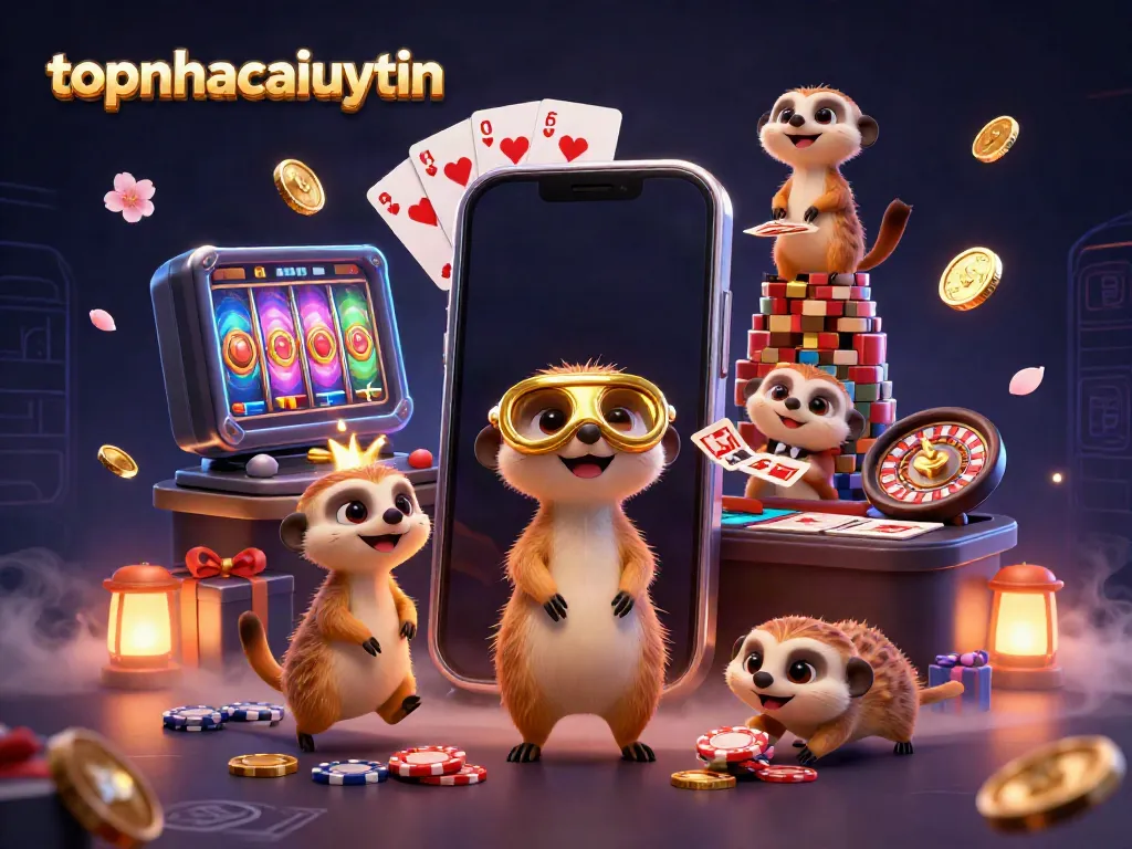 Engage with topnhacaiuytin's lively 3D meerkat casino scene showcasing dynamic gaming elements.