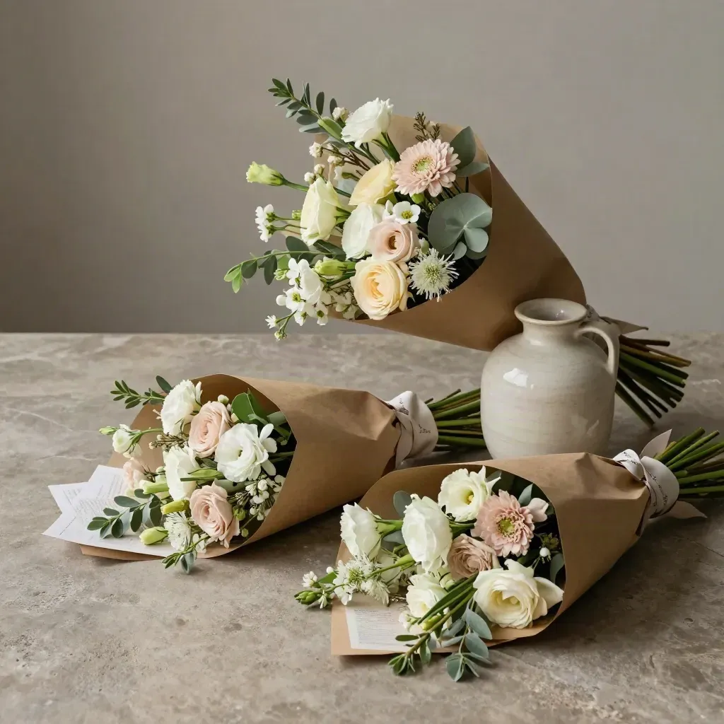 Drie bloemenabonnement-dozen met verse gemengde bloemen naast een vaas op een stenen tafel.