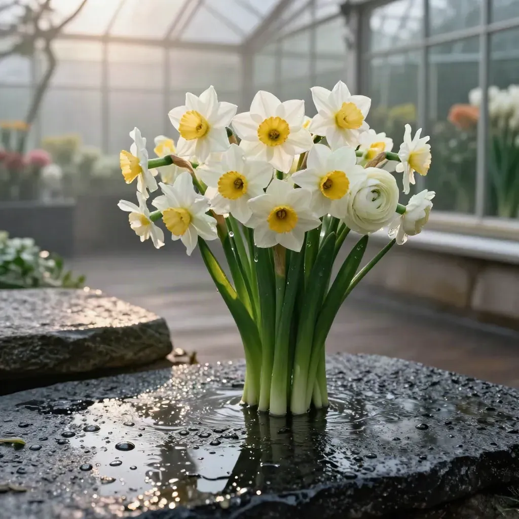 Lenteboeket op natte steen met hyacinten, narcissen, ranonkels en mistig ochtendlicht.