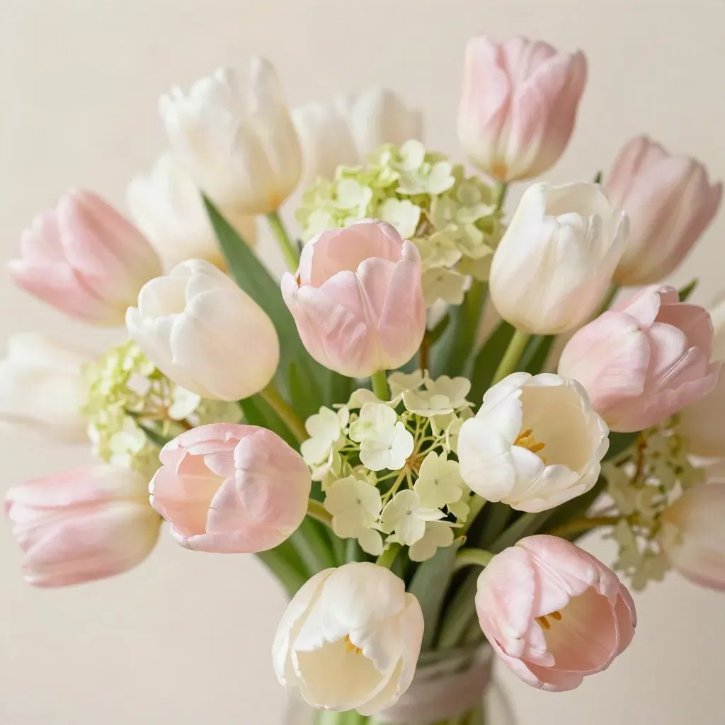 Pastel lenteboeket met roze tulpen, crèmekleurige stock en groene viburnum op ivoor.