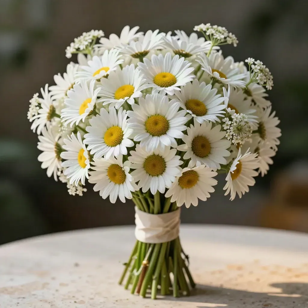Wit veldboeket met margrieten, feverfew en luchtige schermbloemen op travertin.