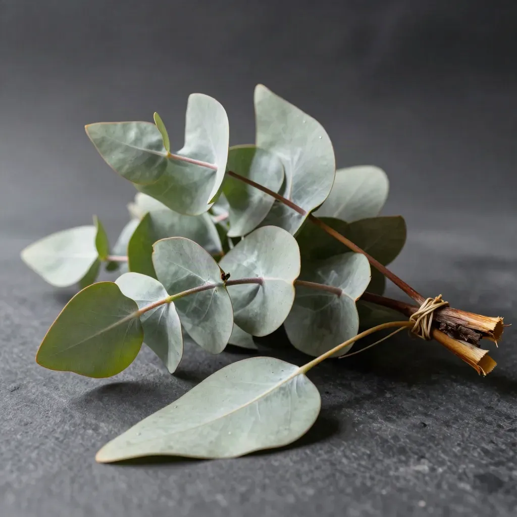 Close-up van een eucalyptusbos met zilvergroene bladeren en zichtbare stelen in frisse mist.