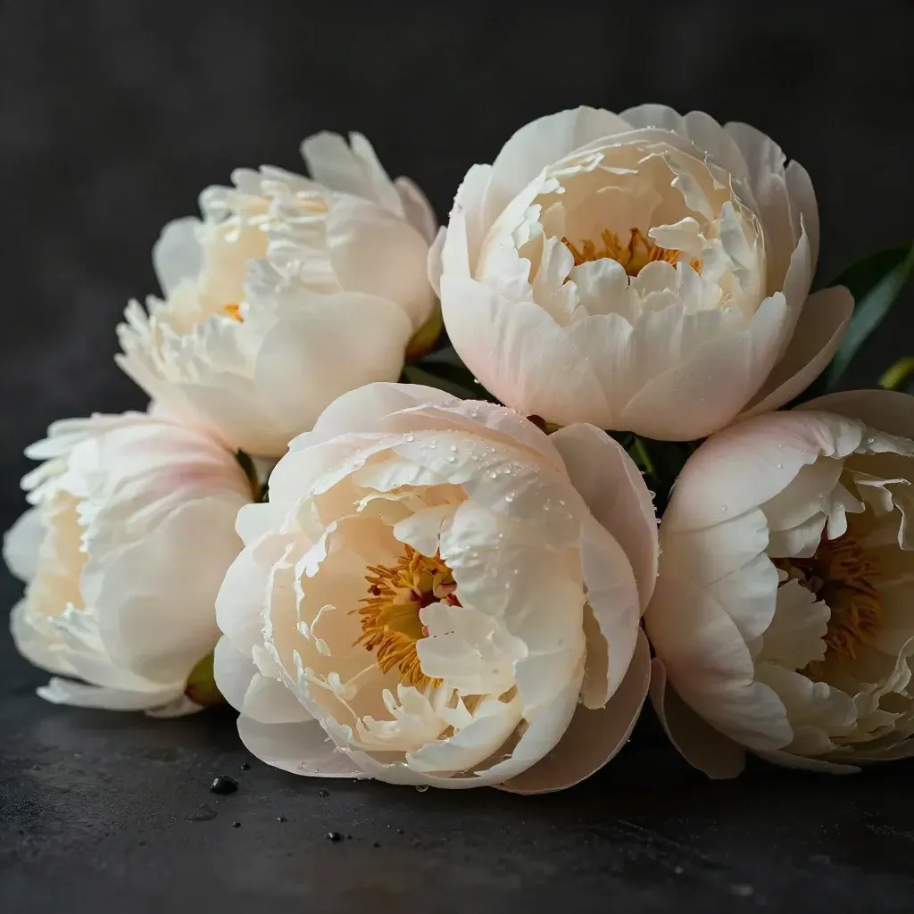 Crèmekleurige en blush pioenrozen in een donkere studio, close-up met zachte nevel.