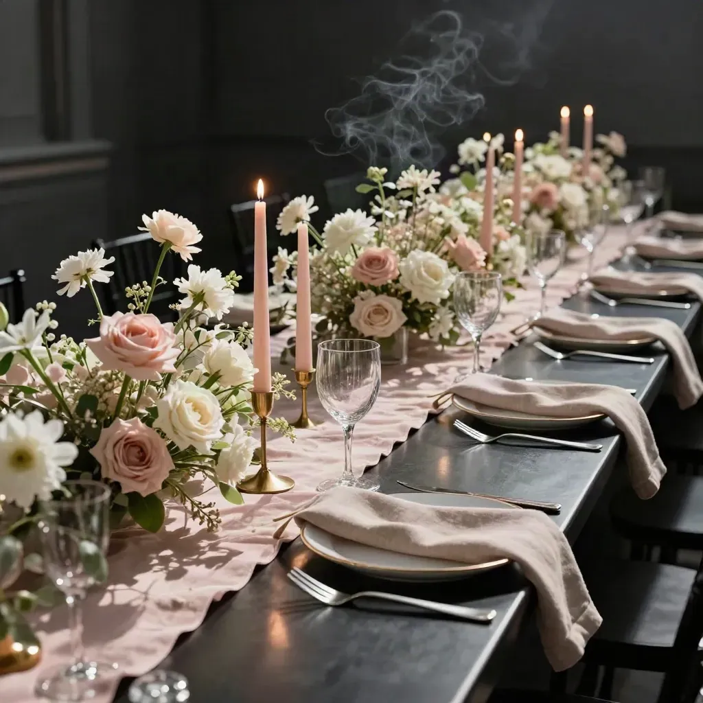 Lange bruiloftstafel met bloemrunners, servetten, glazen en kaarsen in donkere studio.