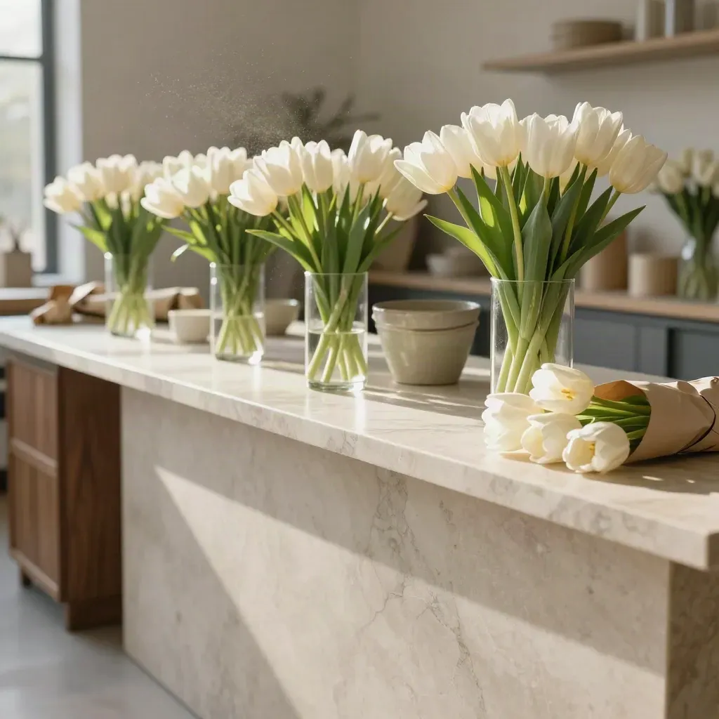Marmeren bloemenwerkbank met tulpen, vazen en ingepakte stelen in zacht ochtendlicht.