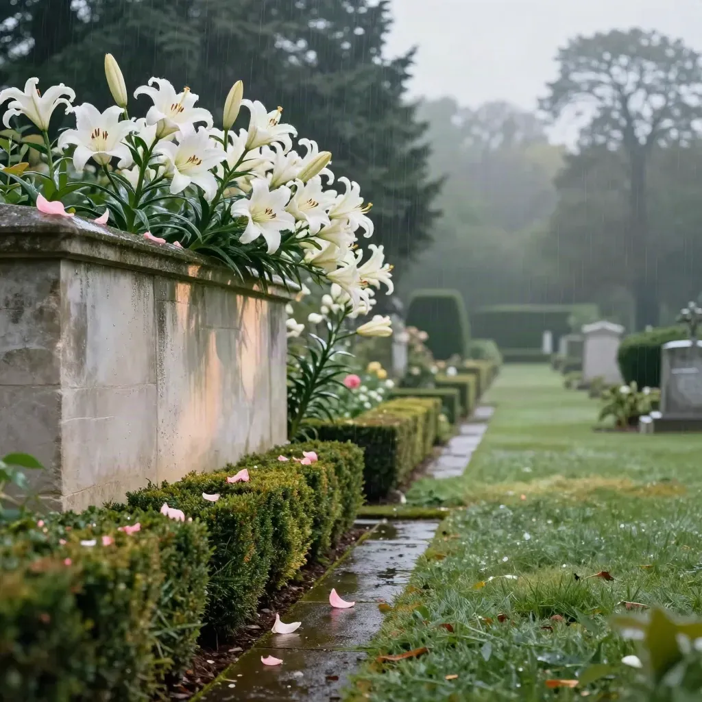 Stille begraafplaats-tuin met witte lelies, nat pad en gedenkwand in zachte regen.
