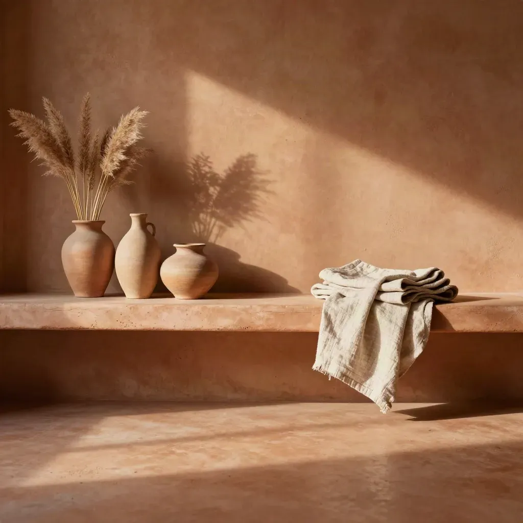 Terracotta schap met drooggrassen, gebogen vazen en gevouwen linnen in warm middaglicht.