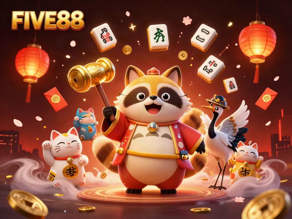 Experience thrilling gameplay with FIVE88 as fortune cats wave amidst vibrant casino elements.