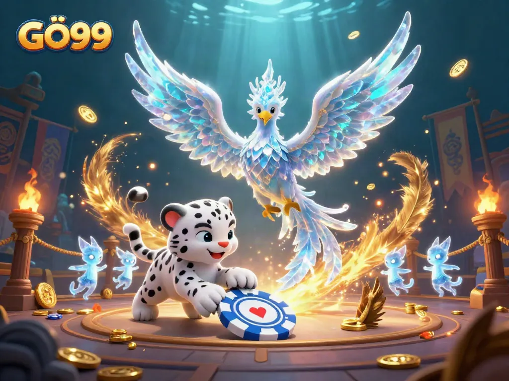 Witness the captivating GÔ99 casino scene with a magical ice phoenix, adding a unique flair to online gaming.