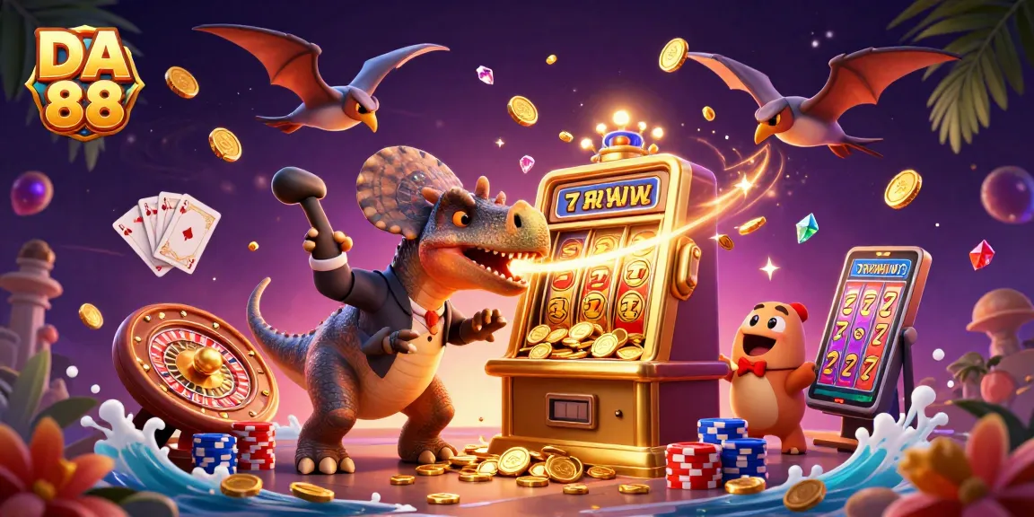 DA 88 showcases a dinosaur winning big on a slot machine, capturing coins flying around.