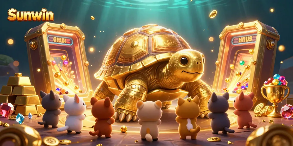 Engage in thrilling jackpot games at Sunwin, featuring golden tortoise characters amid treasures and enriching elements.