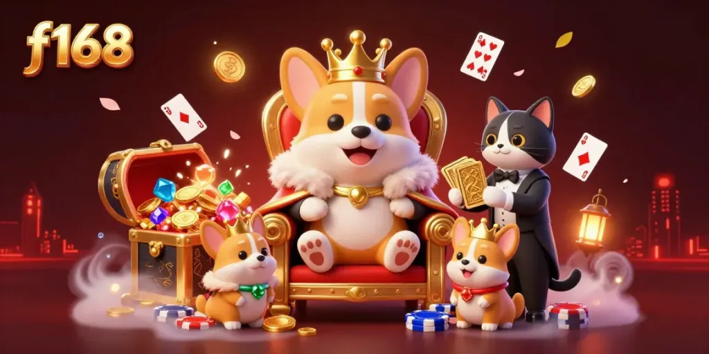 Engage in strategic gaming at f168 with an illustrated royal corgi and vibrant casino elements.