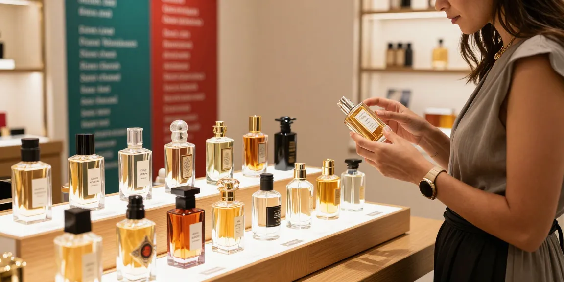 Verken de luxe van het kopen van Dubai parfum met een stijlvolle shopper en diverse geuren in een elegante winkelomgeving.