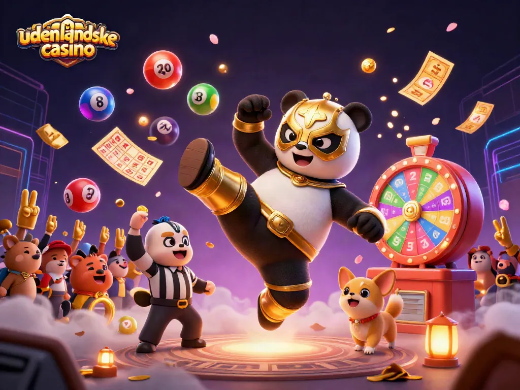 Engage in captivating action at udenlandske casino with a playful panda wrestling scene highlighted by vibrant game elements.