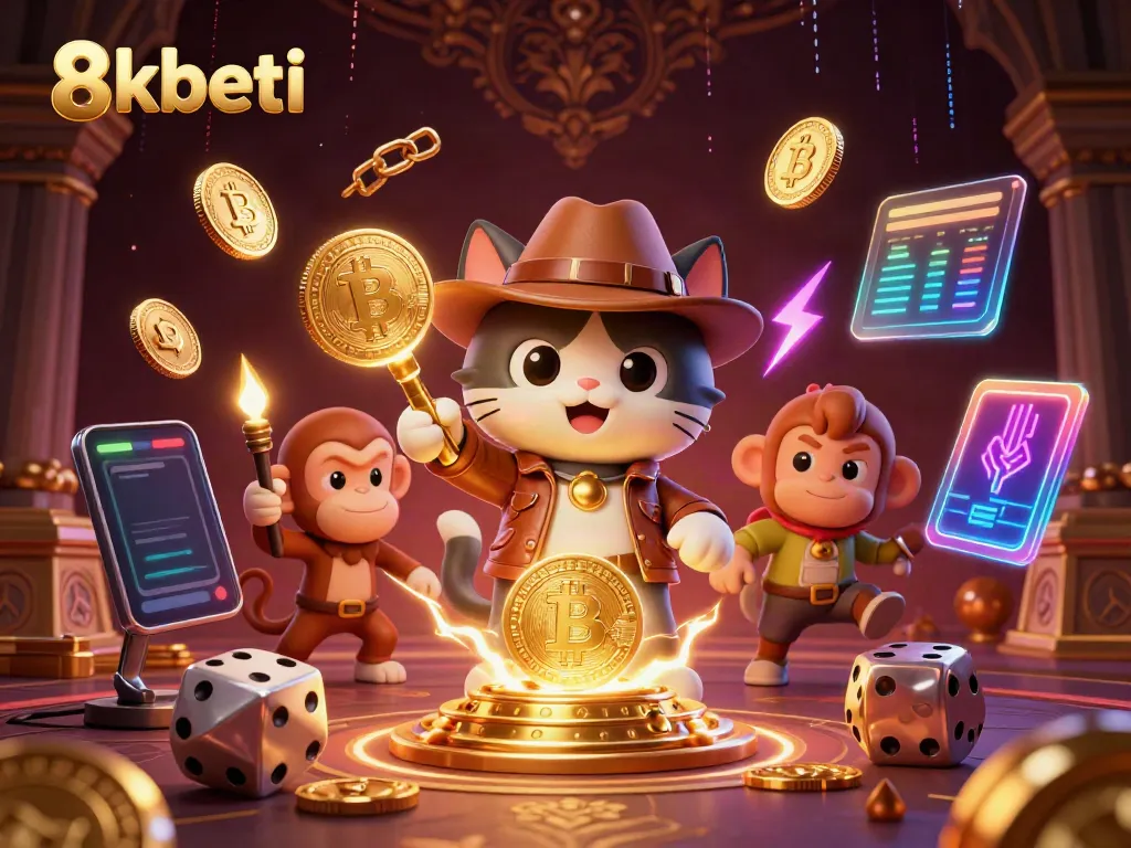 Engage in thrilling casino adventures with 8xbeti's 3D digital illustration featuring a cat archaeologist and its monkey companion.