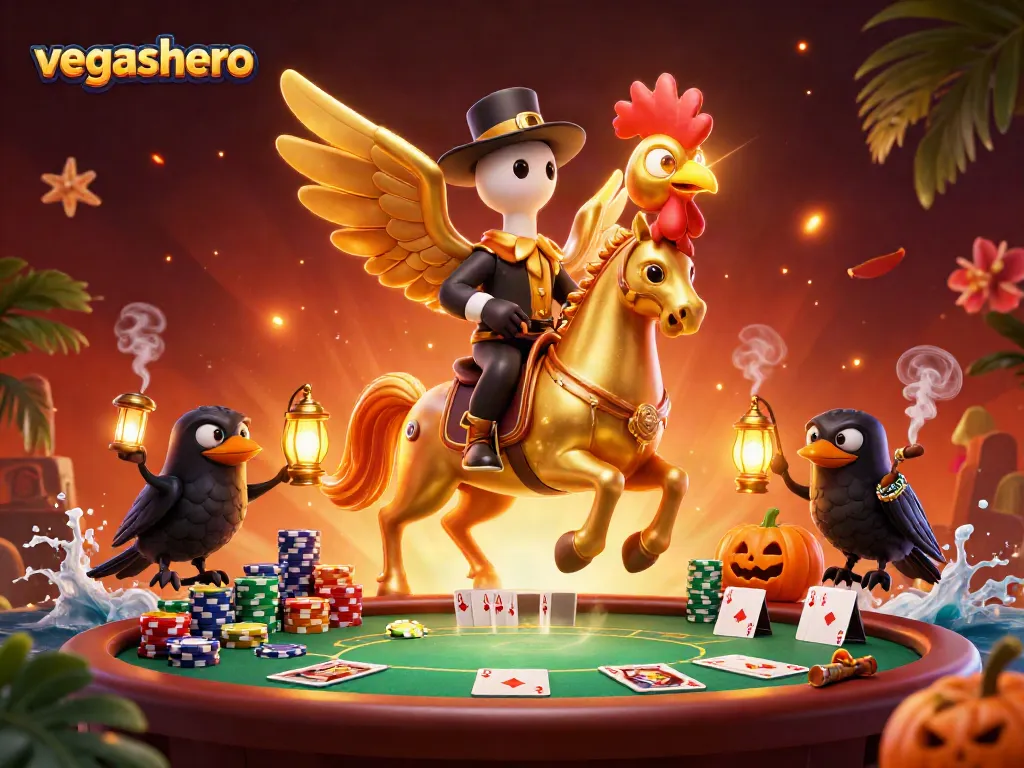 Experience thrilling action at vegashero with a golden rooster leading a festive casino scene.