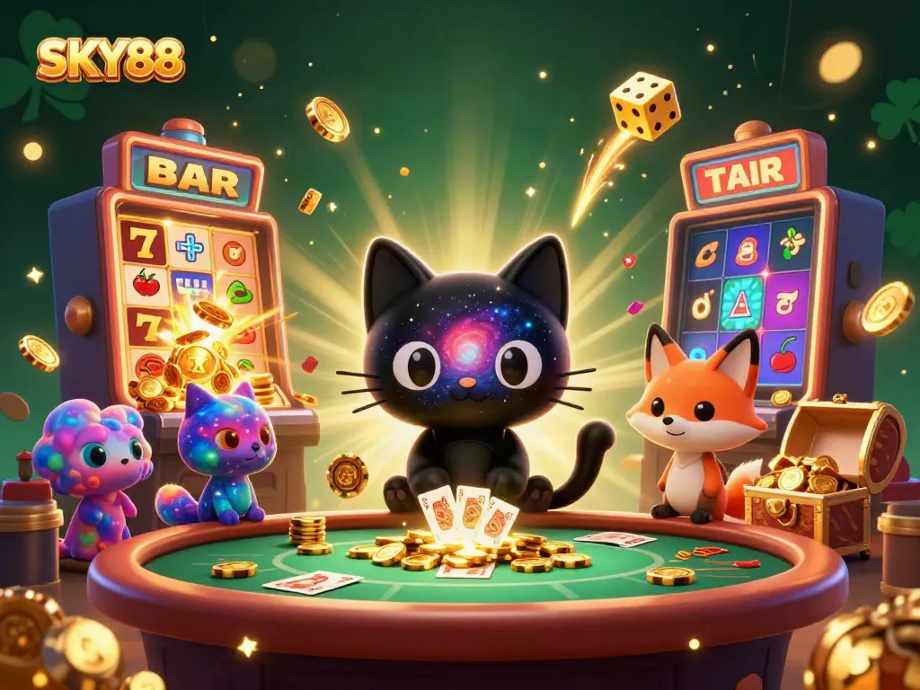 Join the fun at SKY88 as a black hole cat pulls in casino chips and cards in a cosmic setting.