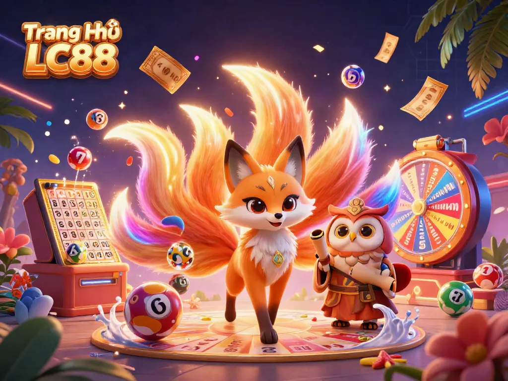Play engaging games at Trang Chủ LC88 with an enchanting fox spirit and owl, surrounded by vibrant lottery elements.