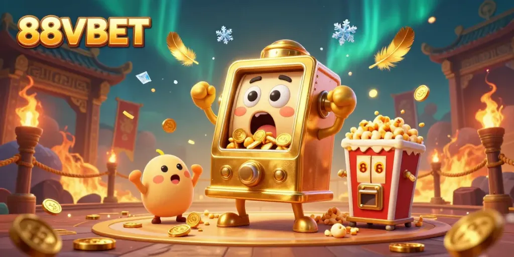 Experience the excitement of hitting the jackpot at 88VBET with a vibrant scene featuring cheerful slot machines and golden coins.