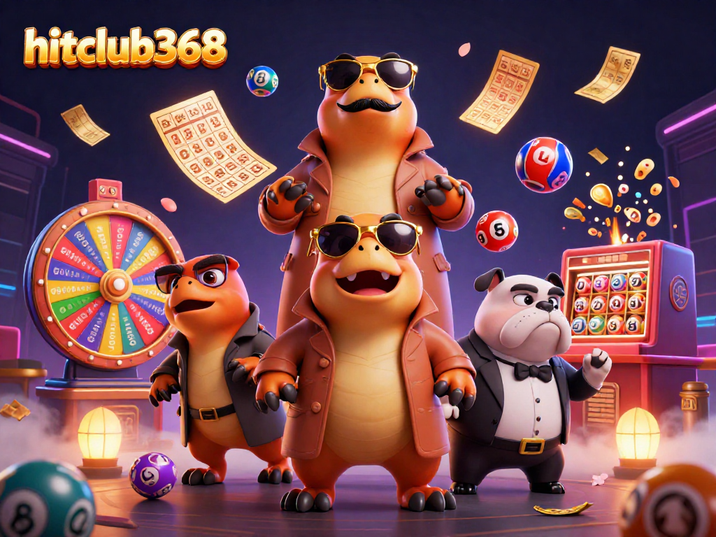 Engage with hitclub368's dynamic 3D casino scene featuring cartoon raptors and vibrant lottery elements.