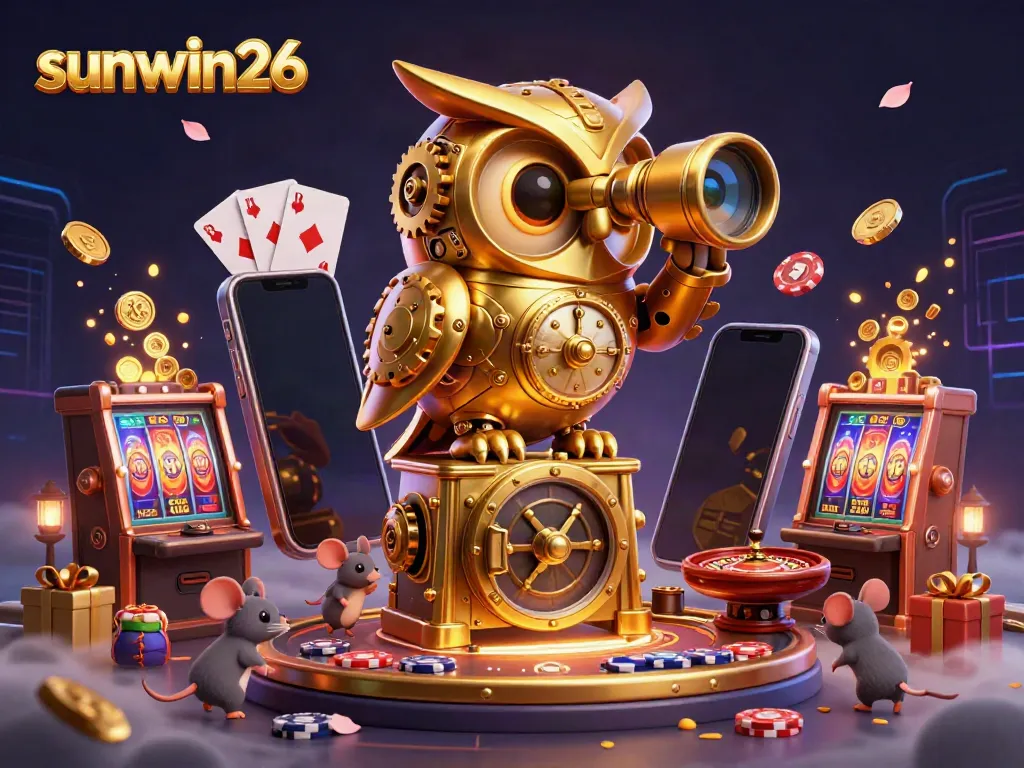 Experience excitement at sunwin26 with a 3D golden owl overseeing playful mouse patrons in a vibrant casino.