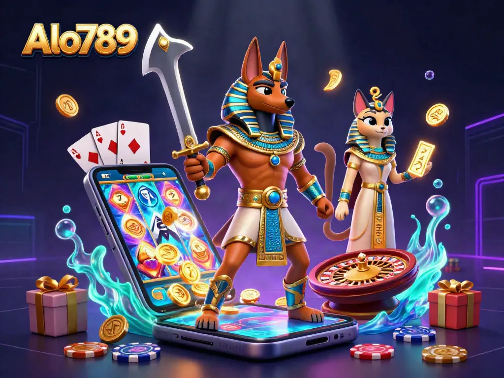 Alo789 players engage with an ultra-detailed 3D casino scene featuring Anubis and Bastet amidst vibrant gambling elements.