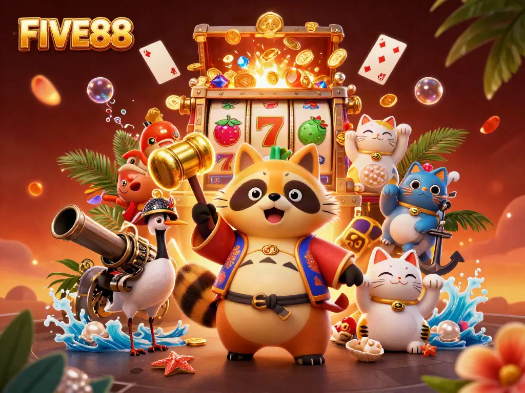 Engage in luck and excitement with FIVE88's vibrant online casino scene featuring a cheerful tanuki and colorful symbols.