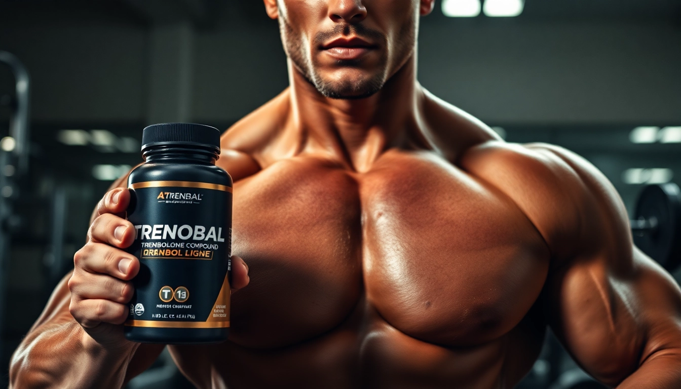 Trenobal Trenbolone Compound displayed in a gym with a bodybuilder model emphasizing strength.