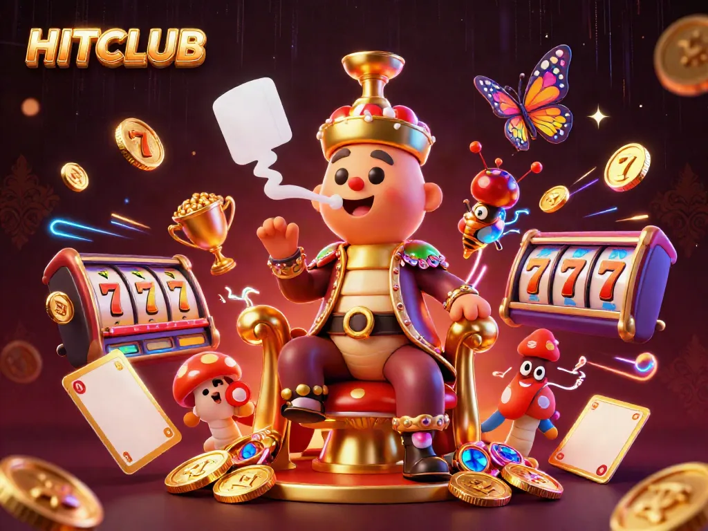 Experience thrilling gaming at HITCLUB with vibrant casino symbols amidst a rich 3D world.
