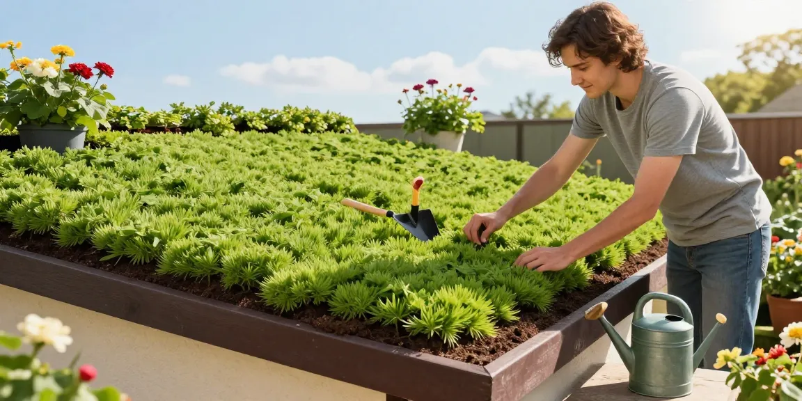 Installatie van een groen dak met sedummatten die groen dak aanleggen in een zonnige tuin van een huis toont.