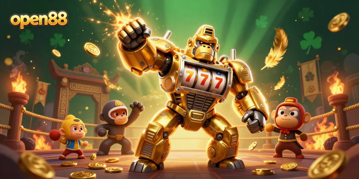 Win big at open88 with a powerful golden gorilla mech surrounded by exciting casino elements and vibrant colors.