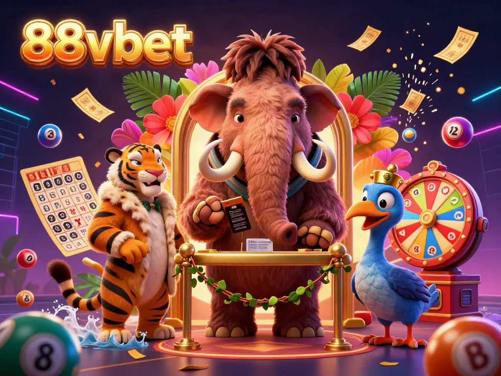 Experience the thrill of 88vbet with a dynamic scene featuring a woolly mammoth bouncer, a saber-tooth VIP, and exciting casino elements.