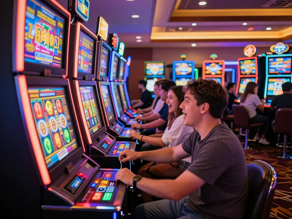 Permainan mesin slot yang menarik dengan pemain rokok 88 menikmati cahaya kasino yang cerah